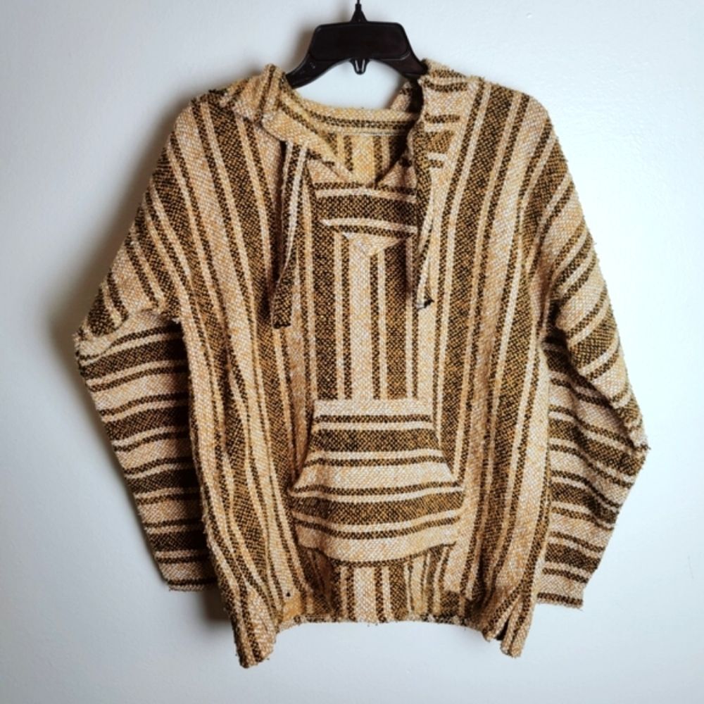 Men's Rug Knit Mexican Baja Hooded Sweater Hoodie Poncho, Sz M